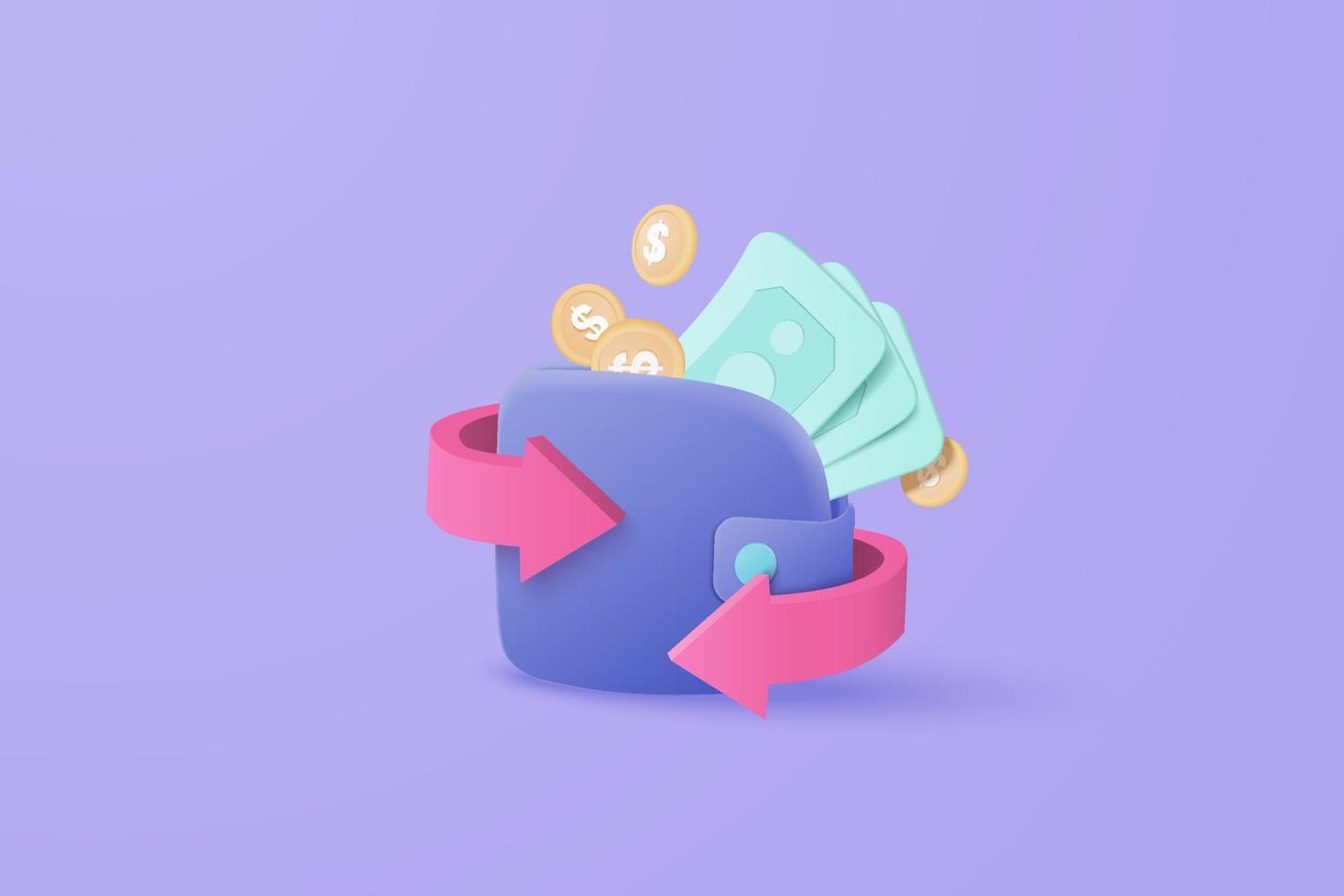 3D vector cashback money refund icon concept. money holding wallet, dollar bill and coin stack, online payment and money saving concept on background. 3d render for business bank, finance, investment