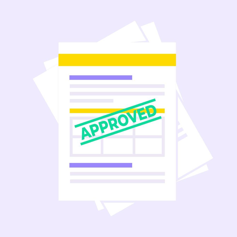 Formulario aprobado de préstamo de reclamo o crédito, hojas de papel e ilustración de vector de diseño de estilo plano de sello aprobado.