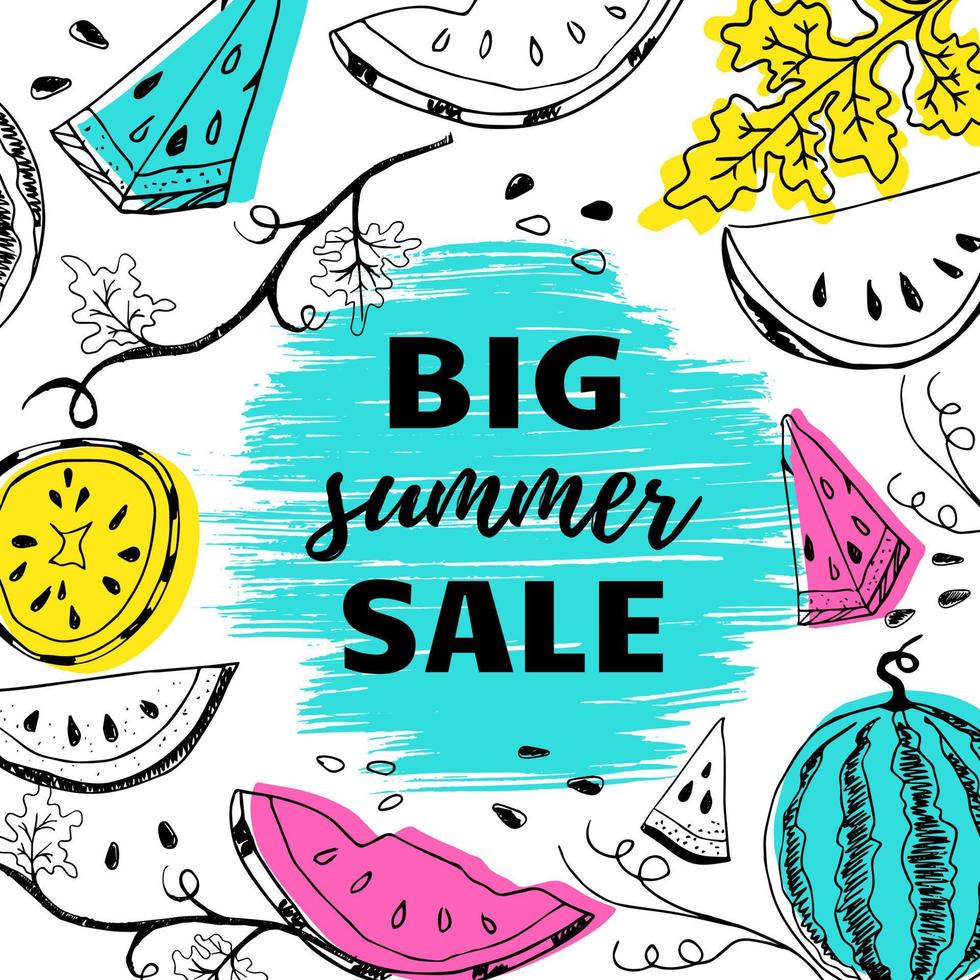 Summer sale offer banner postcard lettering text with hand drawn watermelons and colored shapes vector illustration. Summer sale flyer or banner or leaflet concept template.