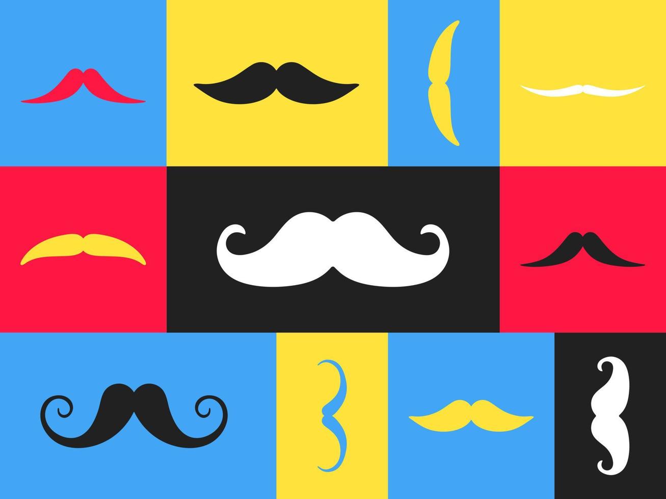 Seamless pattern with mustaches flat style design vector illustration. Black mustaches isolated on square color shapes background.