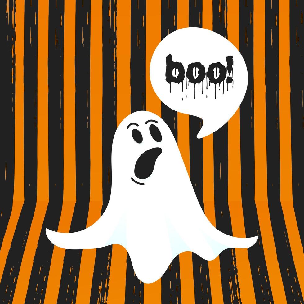 Boo ghost halloween message concept. Flying halloween funny spooky ghost character say BOO with text space in the speech bubble vector illustration isolated on orange striped background.