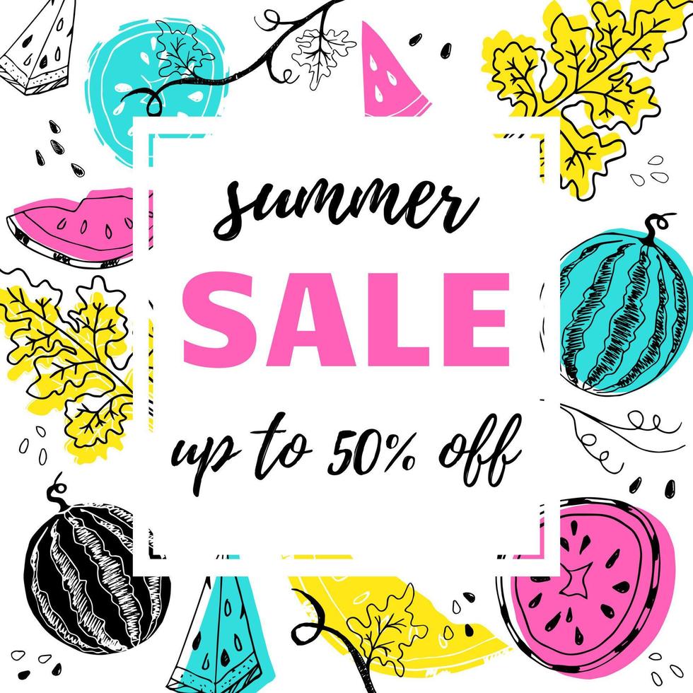 Summer sale offer banner postcard lettering text with hand drawn watermelons and colored shapes vector illustration. Summer sale flyer or banner or leaflet concept template.