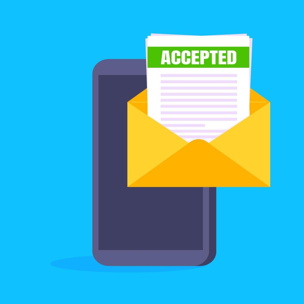 College or university acceptance letter on smartphone screen, open envelope document email. vector