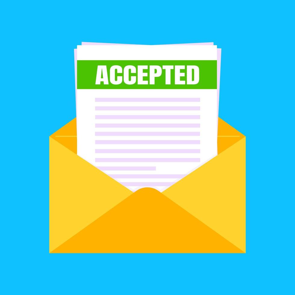 College or university acceptance letter with envelope and paper sheets document email. vector