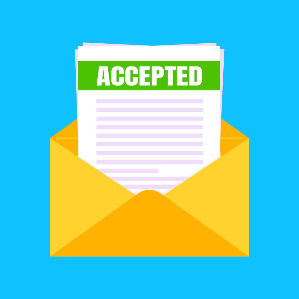 College or university acceptance letter with envelope and paper sheets document email. vector