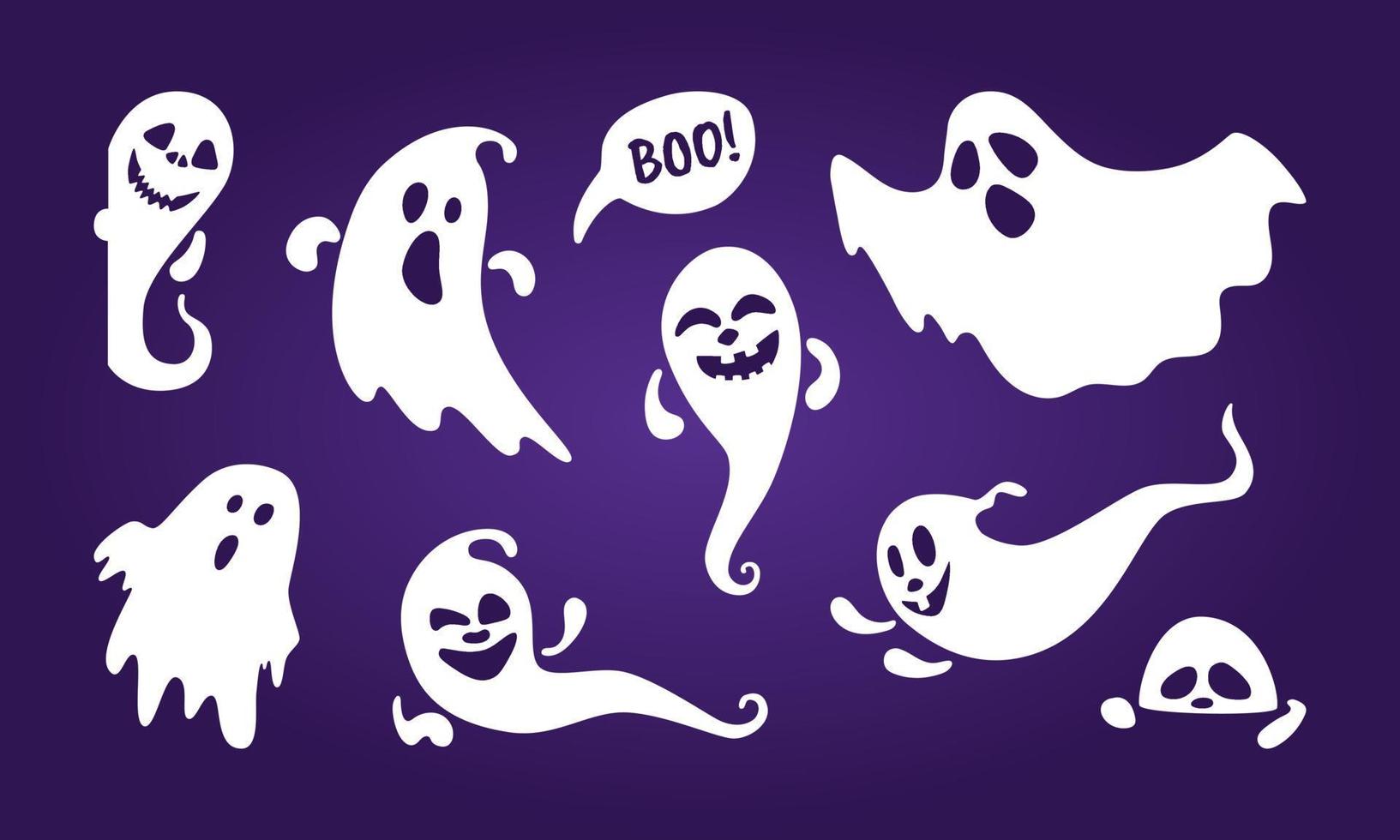 lindo fantasma vacaciones personajes estilo plano diseño vector ilustración conjunto aislado sobre fondo oscuro.