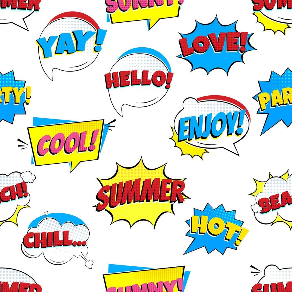 Seamless Comic Lettering Summer In The Speech Bubbles Comic Style Flat Design pattern. Dynamic Pop Art Vector Illustration Isolated On White Background.