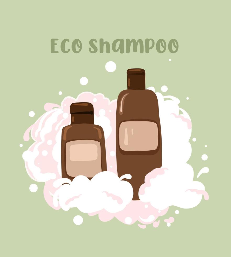 champú y acondicionador ecológico en botellas. champú para el cuidado de la mujer. plástico reciclado ecológico. vector