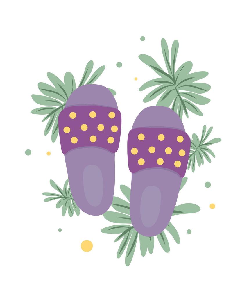 chanclas de verano sobre un fondo blanco. zapatillas moradas. hojas de palma en el fondo. accesorios de verano. vector