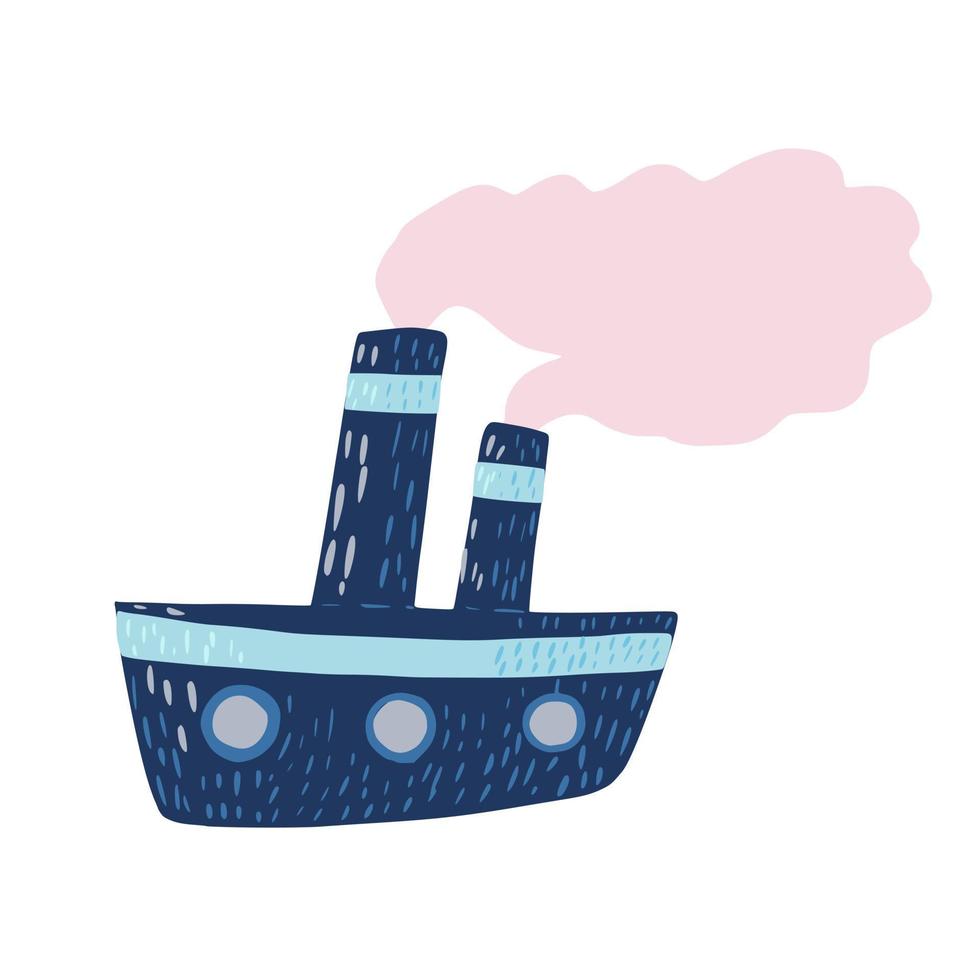 Blue steamboat cute isolated on white background. Cartoonish ship with pink steam in doodle style. vector
