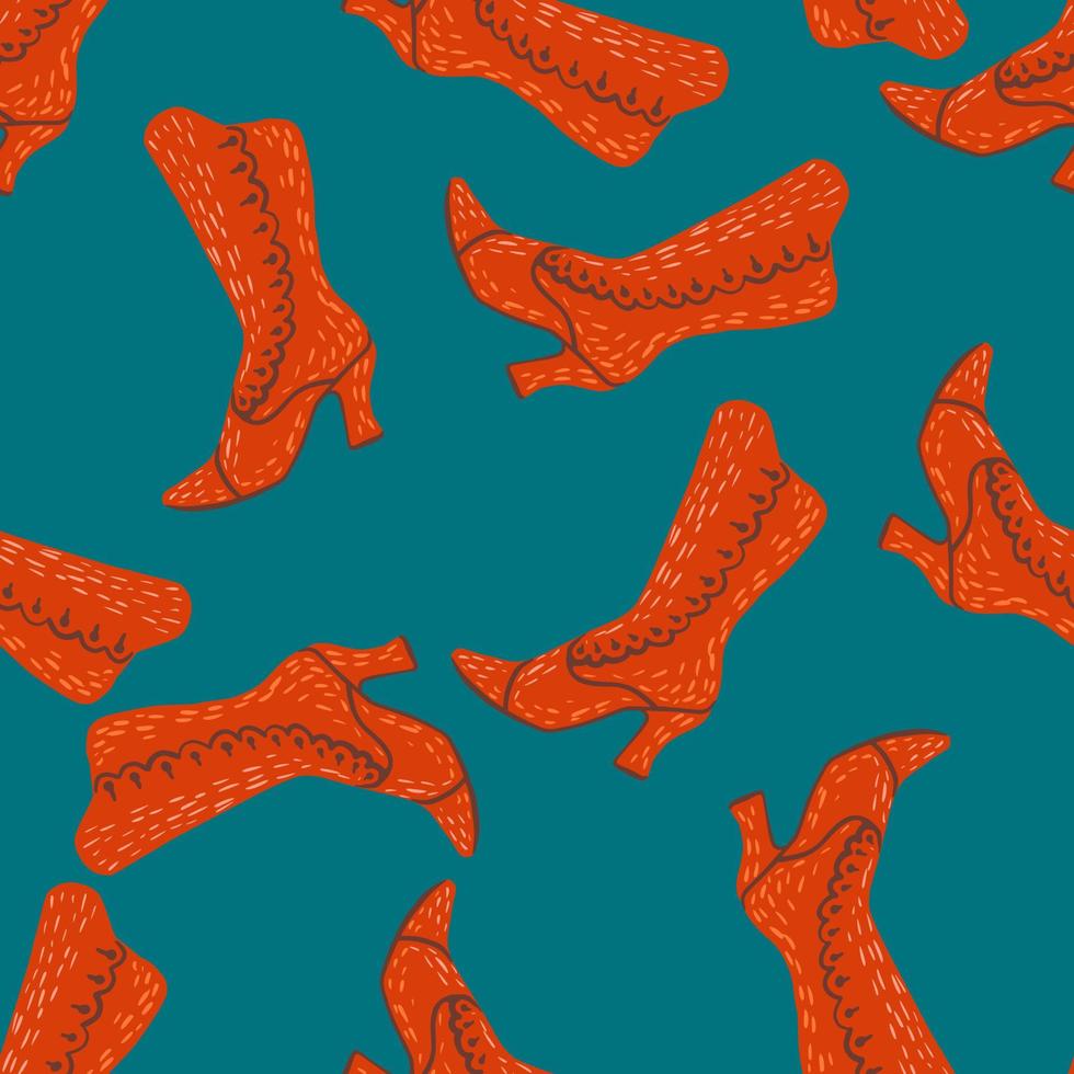 Contrast fashion bright seamless pattern with red women boots. Turquoise background. vector