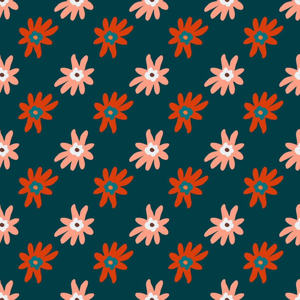 Red and pink colored simple flower elements seamless pattern on navy blue background. vector