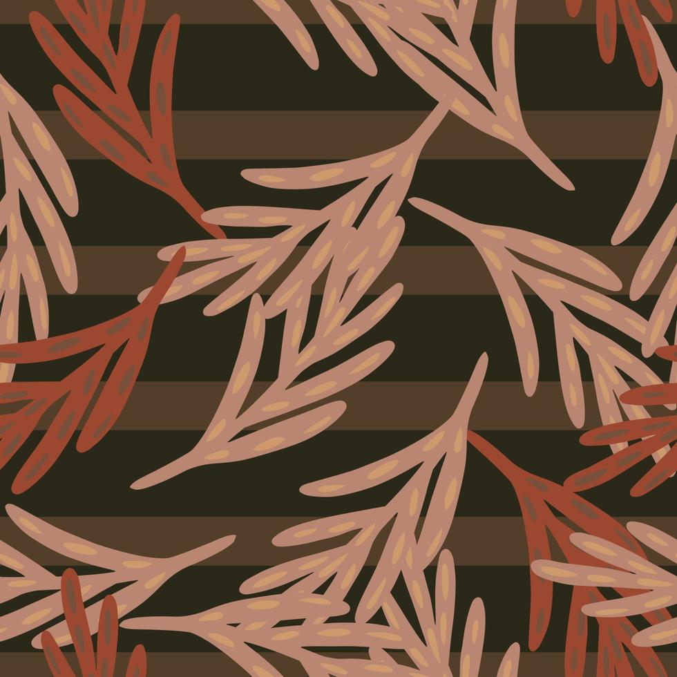 Cartoon seamless pattern with simple leaf twig silhouettes print in pink pale tones. Brown striped background. vector