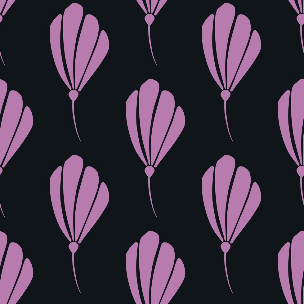 Contrast seamless floral pattern with bright purple flower silhouettes print. Black background. Lilac ornament. vector