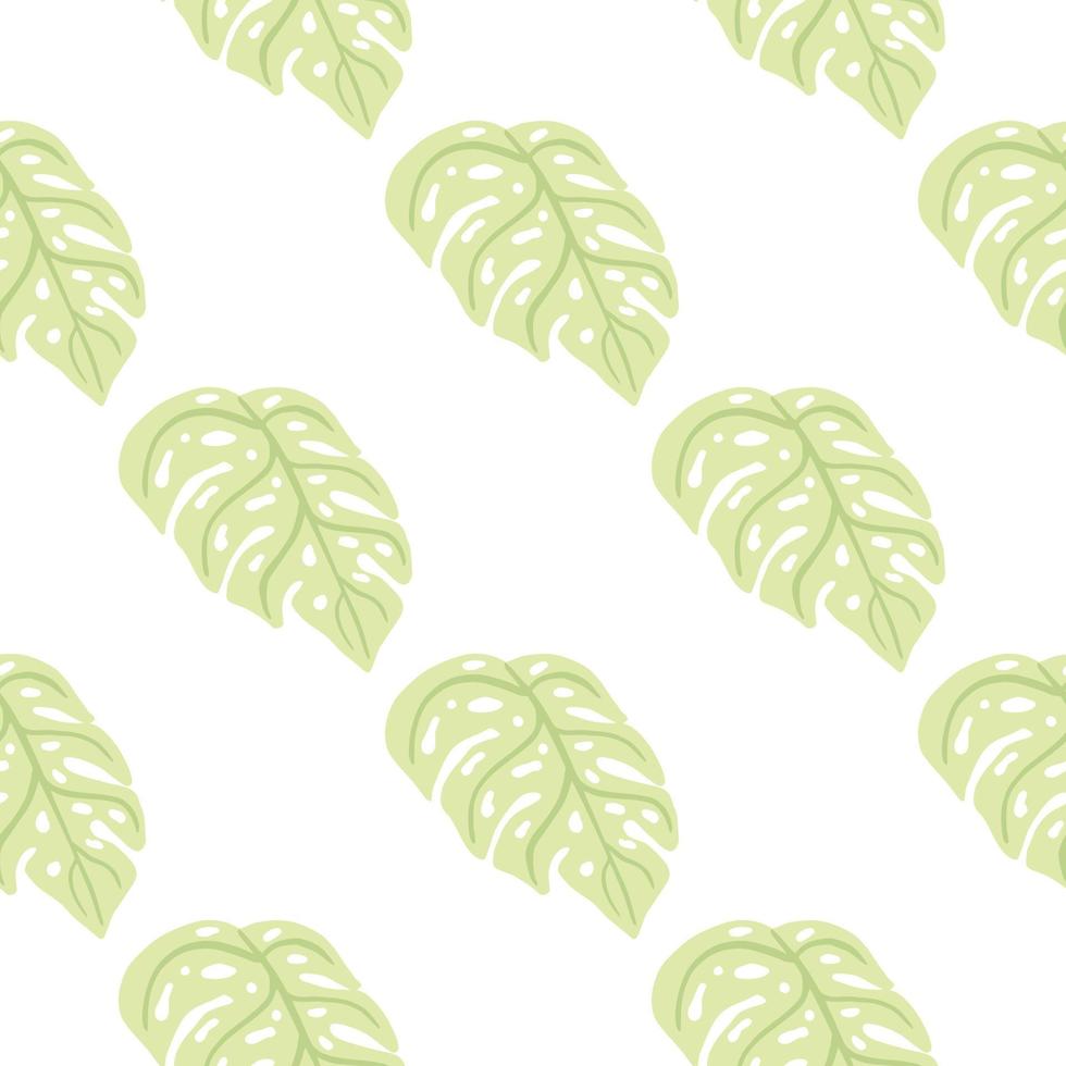 Botanic seamless pattern with pastel green monstera leaf ornament. Light background. Doodle design. vector