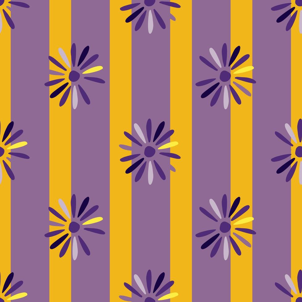 Vintage floral seamless pattern with doodle geometric ditsy flower ornament. Yellow and purple striped background. vector