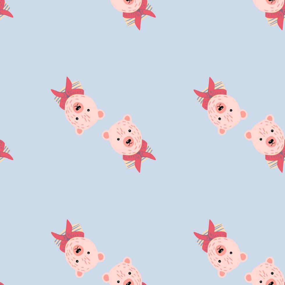 Minimalistic style seamless pattern with pink sailor bear head shapes. Light blue background. vector