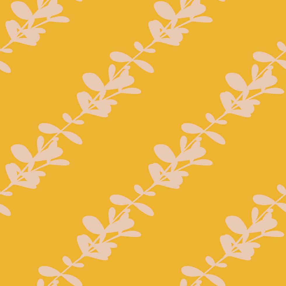 Abstract diagonal eucalyptys elements seamless doodle pattern. Yellow bright background. Herb shapes. vector