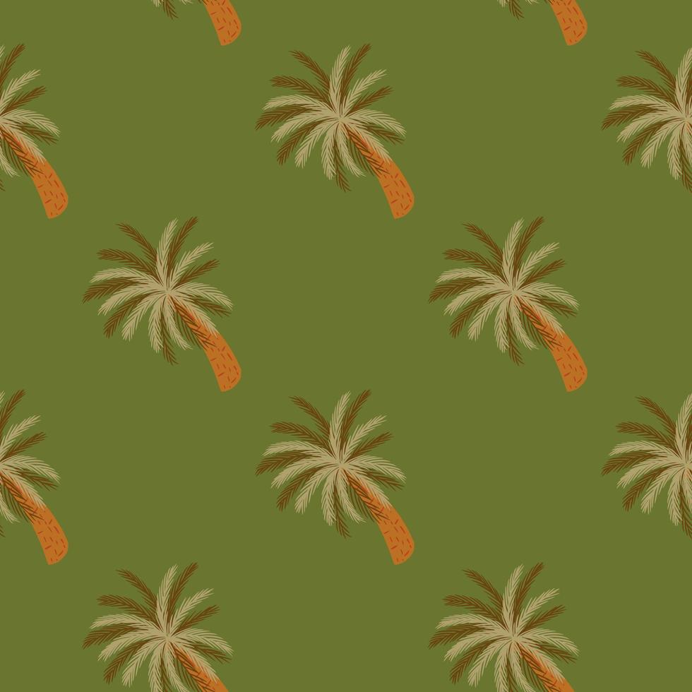 Creative beach nature doodle seamless pattern with simple palm tree silhouettes. Green olive background. vector