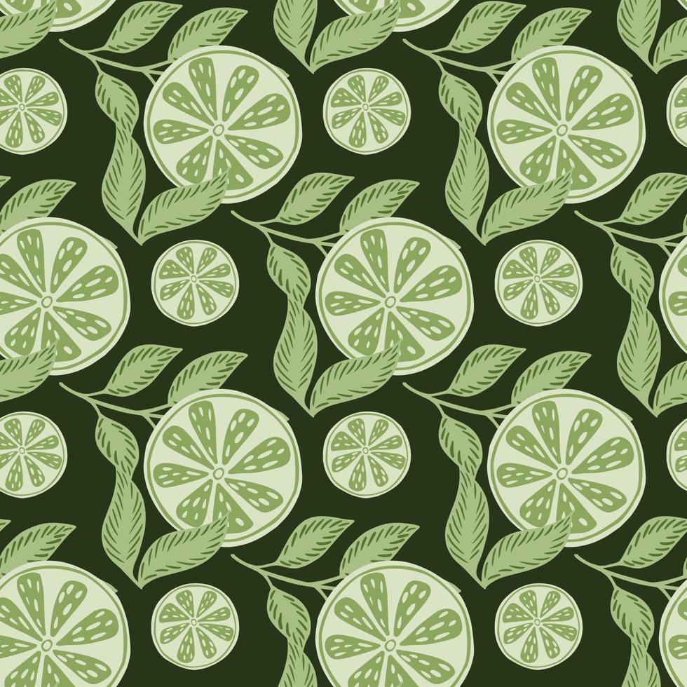 Decorative seamless pattern with green lime slices random print. Dark background. Summer botany print. vector