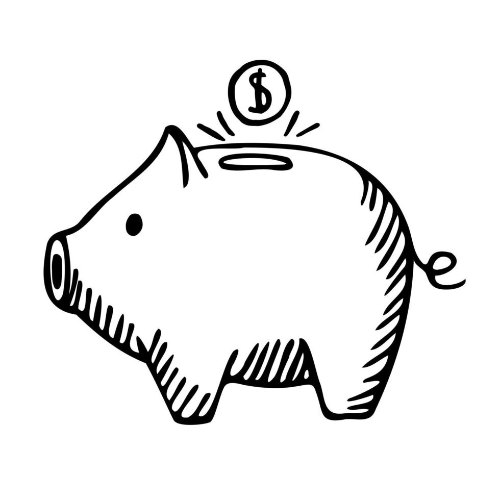 Piggy bank isolated on white background. Box for safe savings, coins, cash, gold. Money pig in doodle style. vector
