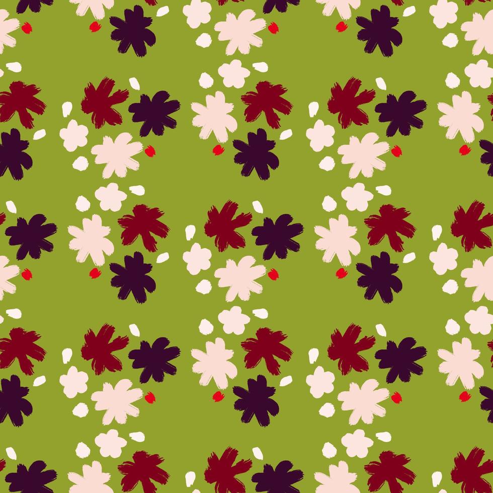 estampado vintage de patrones sin fisuras con elementos florales rojos, blancos y morados. fondo verde pastel. vector