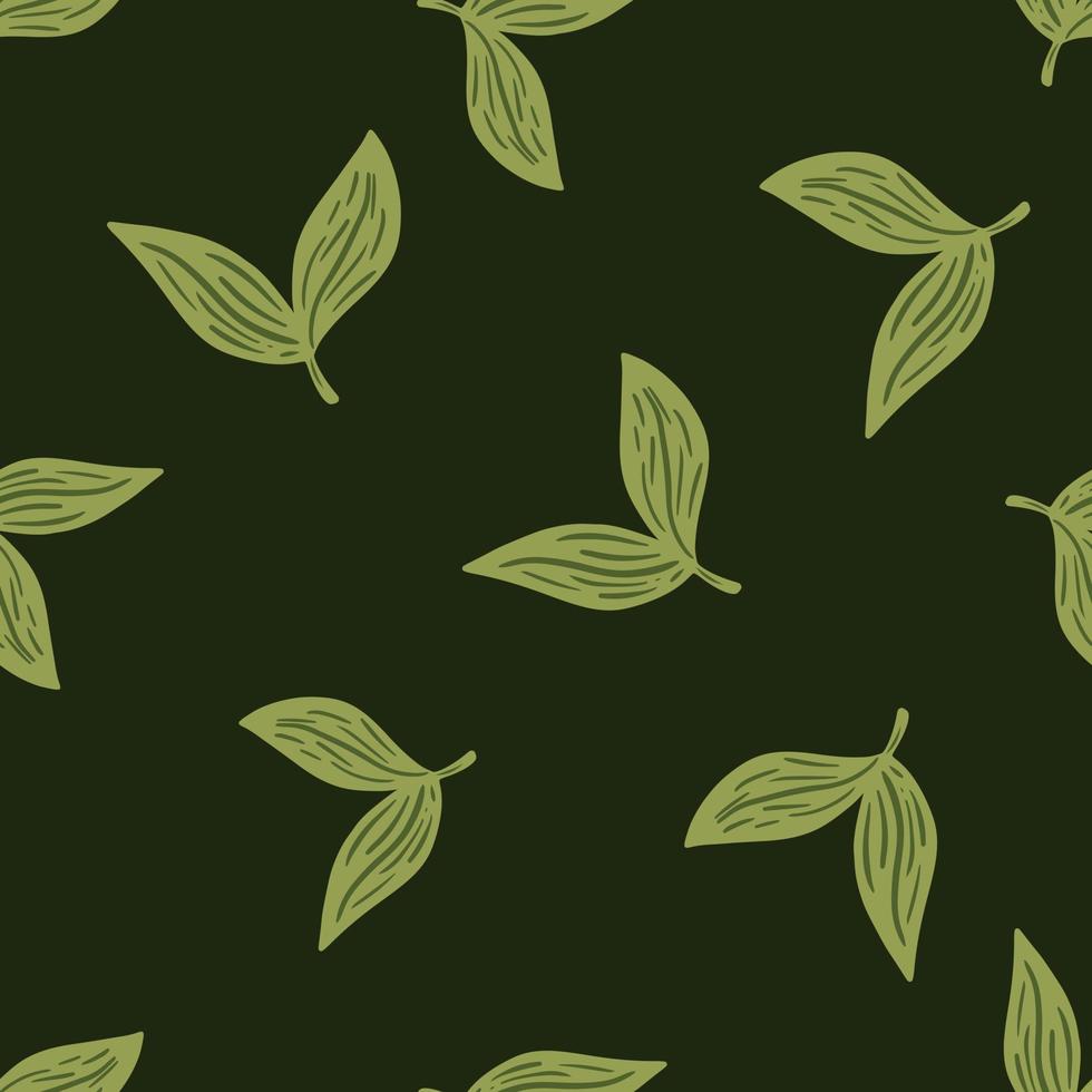 Abstract style herbal seamless pattern with doodle leaf silhouettes. Green dark background. Floral ornament. vector