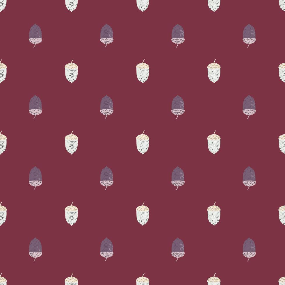 Fall seamless pattern with with little acorn seasonal ornament. Maroon background. vector
