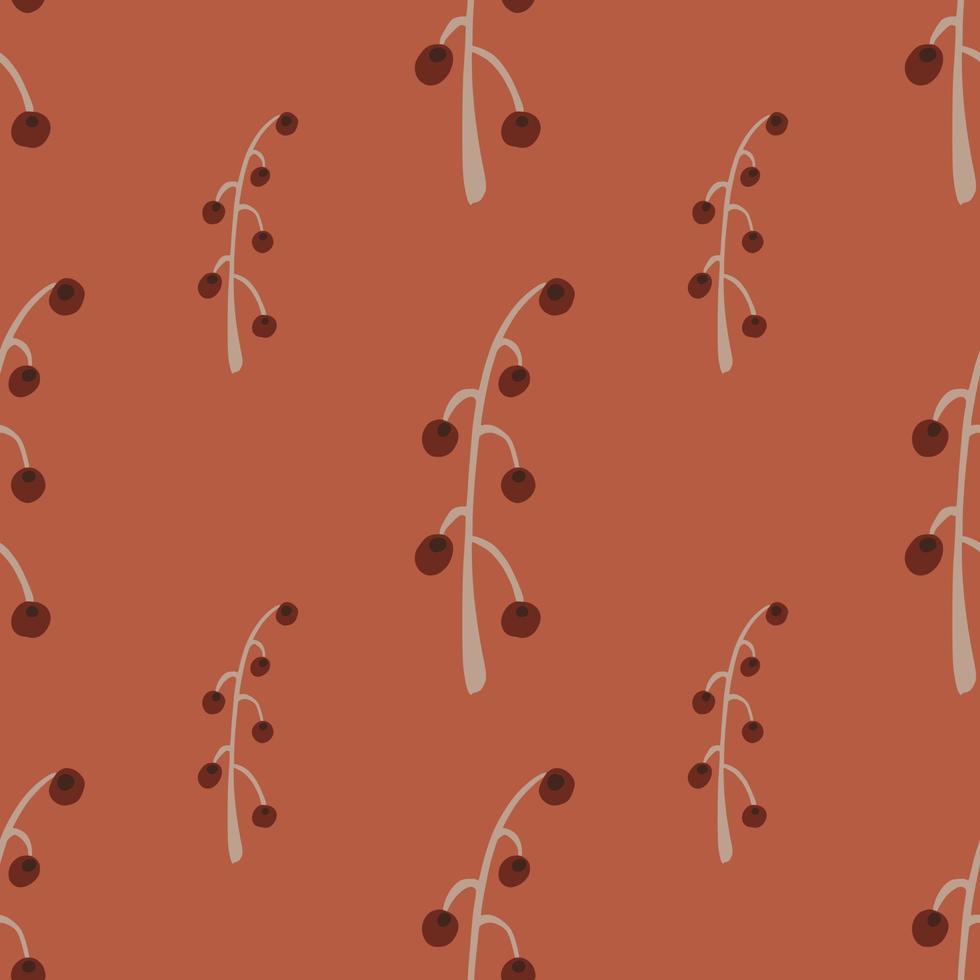 Botanic seamless pattern with grey and brown colored berries branches. Coral background. vector