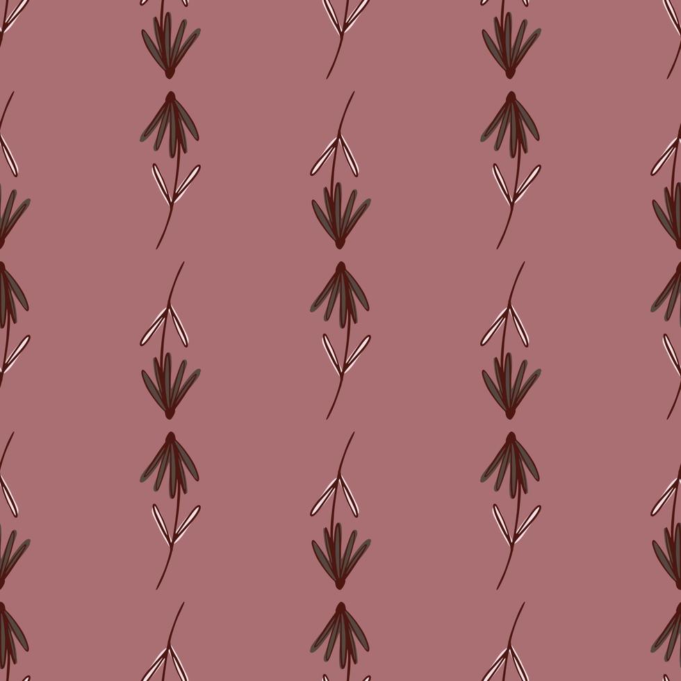 Botanic seamless pattern with simple outline flowers elements. Dark pink background. Creative design. vector