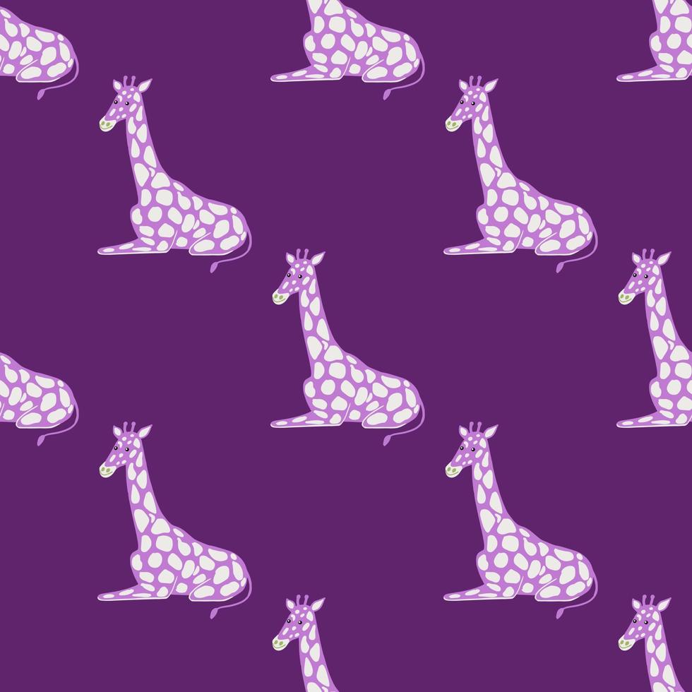 Bright seamless pattern in kids style with doodle giraffe ornament. Purple background. Cartoon style. vector