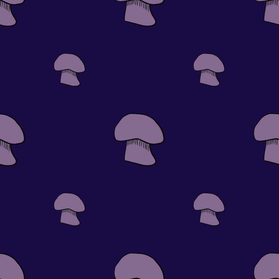 Decorative seamless pattern with minimalistic purple champignon print. Navy blue background. vector