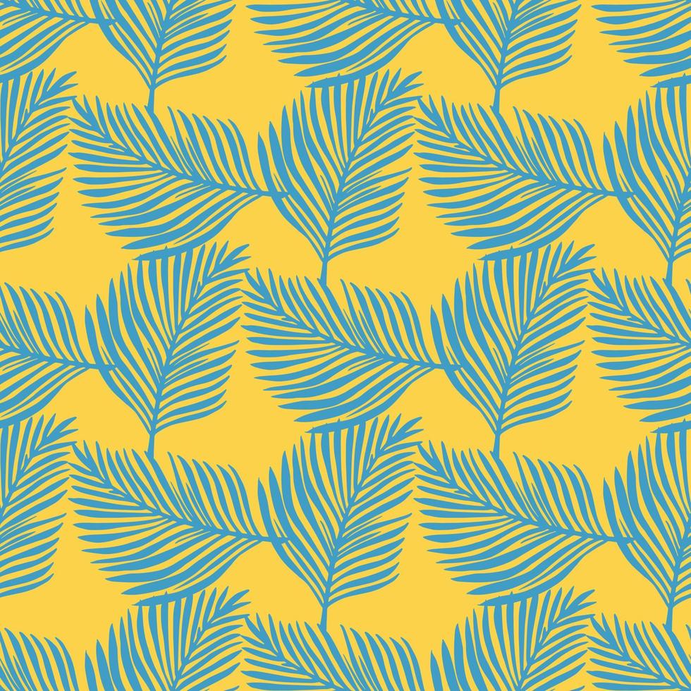 Abstract seamless pattern with doodle blue fern leaves silhouettes. Yellow bright background. Doodle style. vector