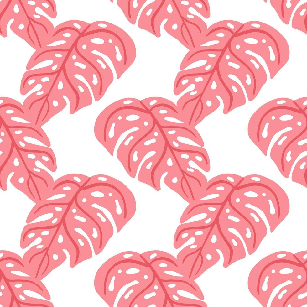 Isolated bright seamless botanic pattern with exotic pink monstera elements. White background. Simple print. vector