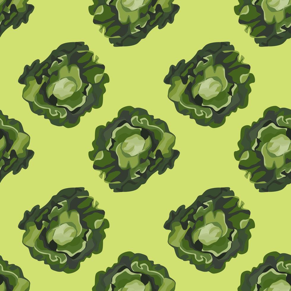 Seamless pattern Butterhead salad on pastel green background. Modern ornament with lettuce. vector