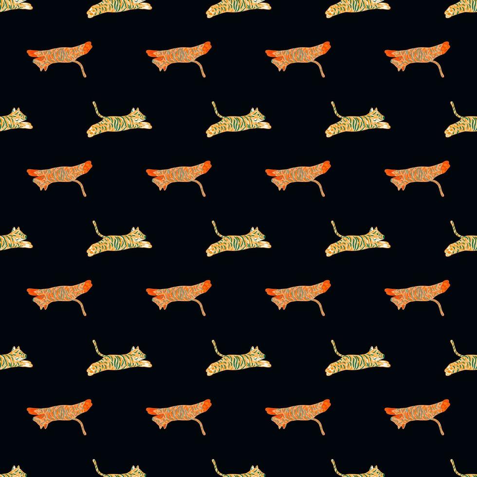 Contrast dark seamless pattern with doodle little jumping tigers ornament. Black background. Simple design. vector