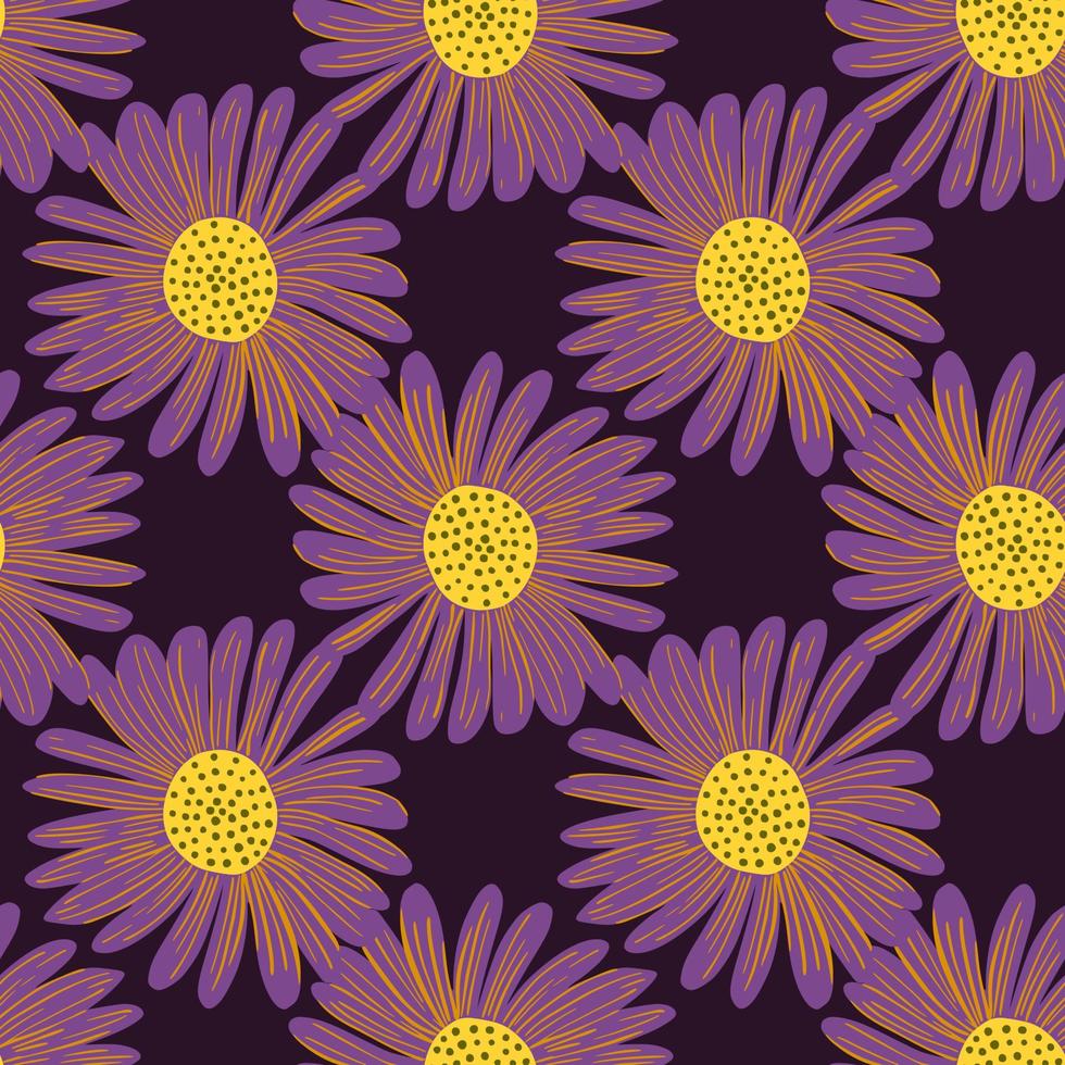 Decorative seamless pattern with simple purple daisy flowers silhouettes print. Dark background. Doodle style. vector