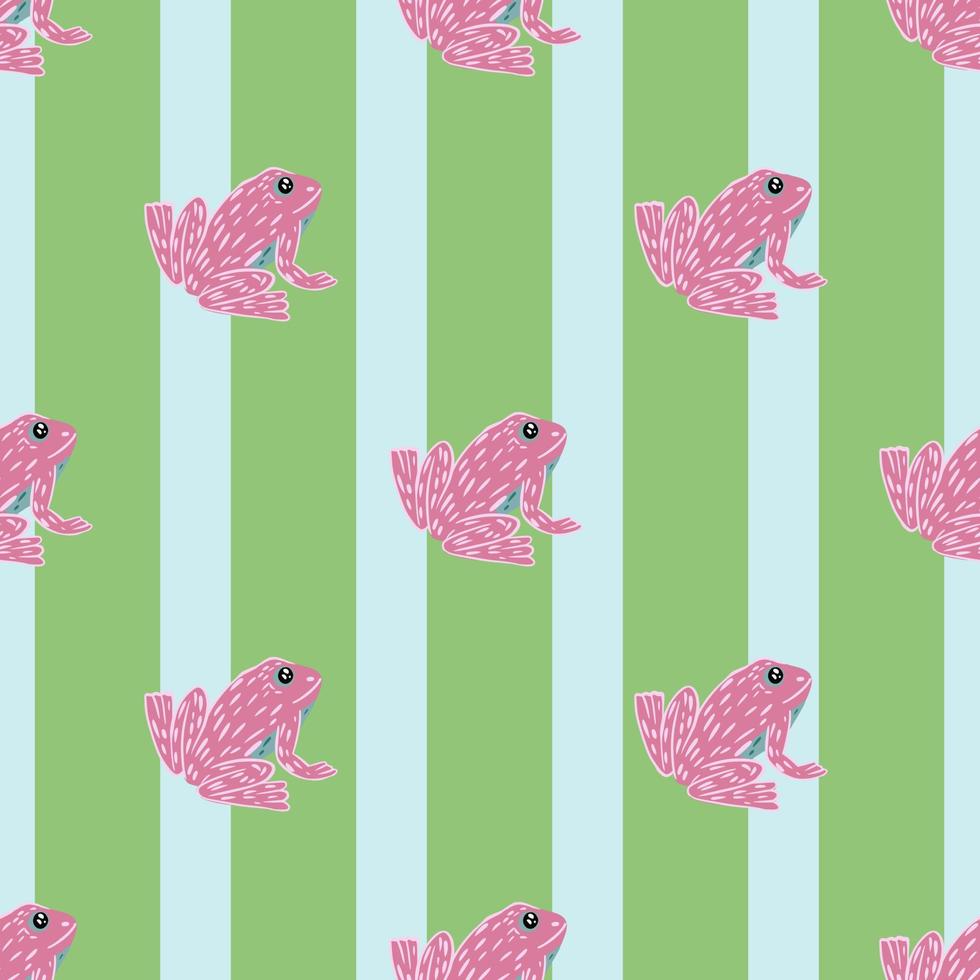 Decorative seamless pattern with pink doodle frog ornament. Striped green background. Bright design. vector