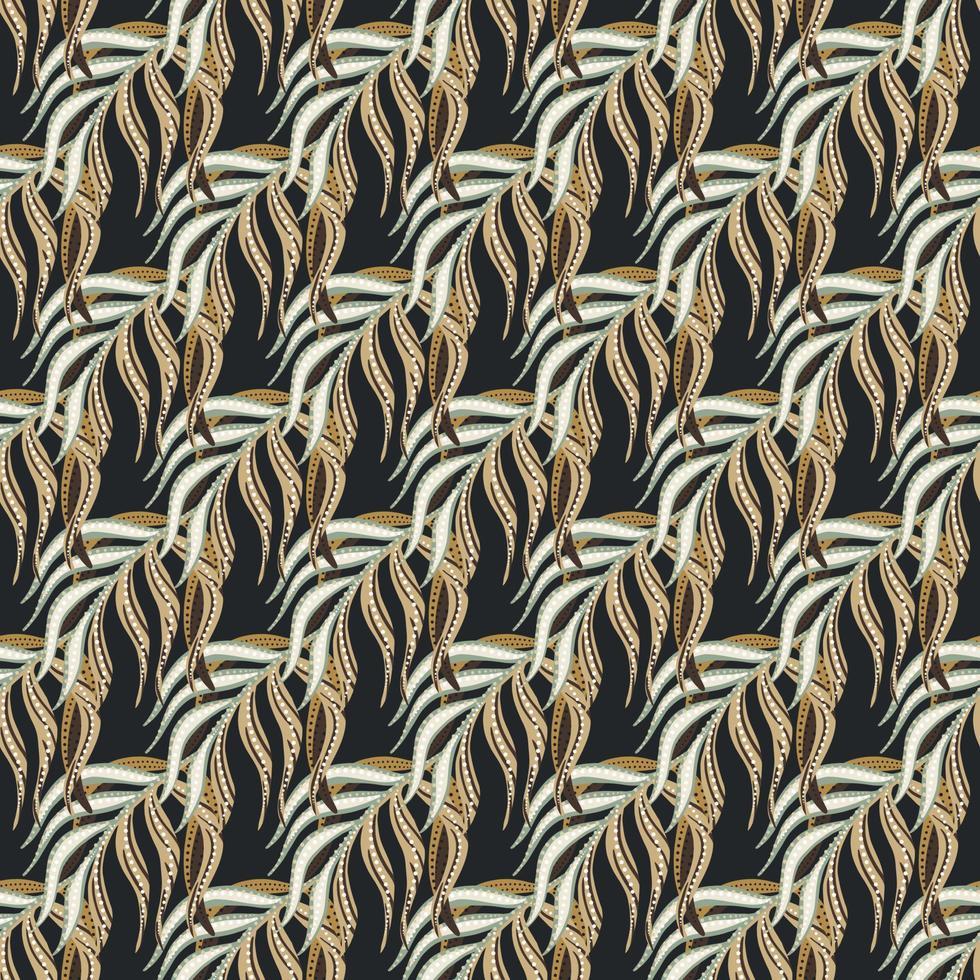 Doodle seamless pattern with abstract palm leaf ornament. Dark background. Contrast style. Botany backdrop. vector