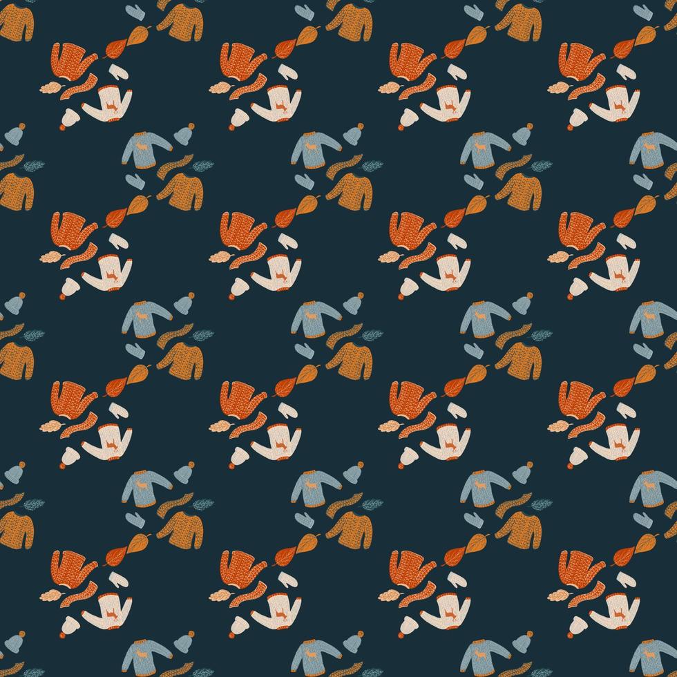 Dark warm seamless pattern with doodle mittens, scarf, hat and sweater print. vector