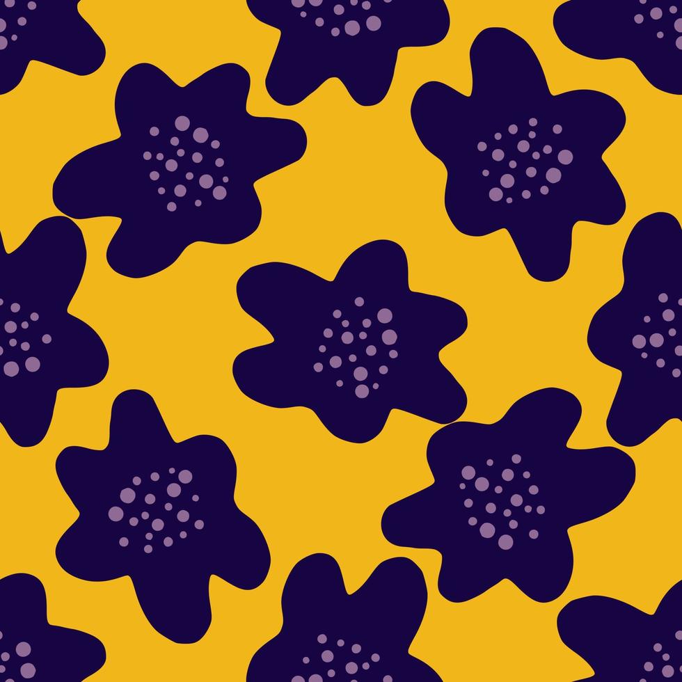 Navy blue doodle creative seamless pattern with flower silhouettes. Yellow background. Bright flora print. vector