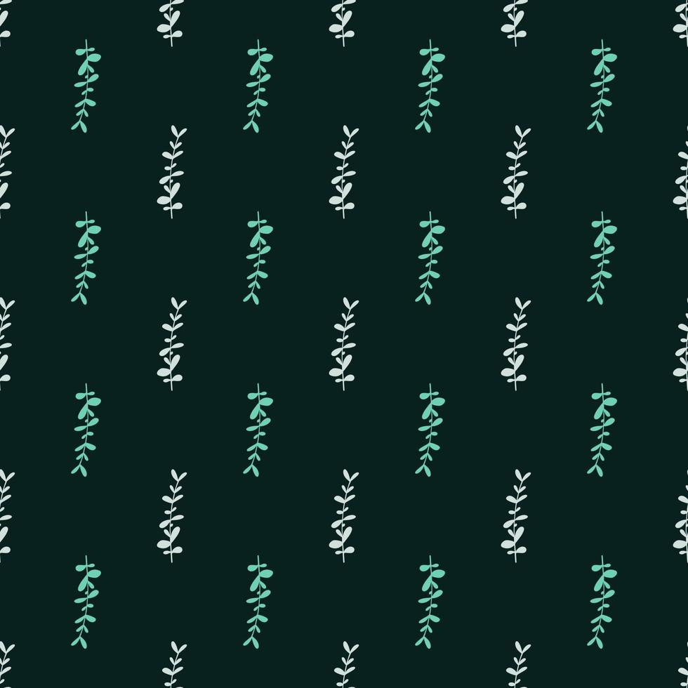 Green colored eucalyptus branches elements seamless pattern in doodle style. Dark green background. vector