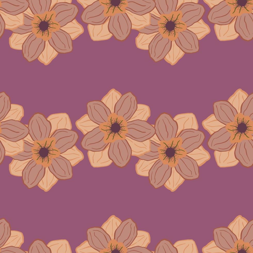 Minimalistic floral seamless pattern with orange pastel anemone buds ornament. Pink dark background. vector