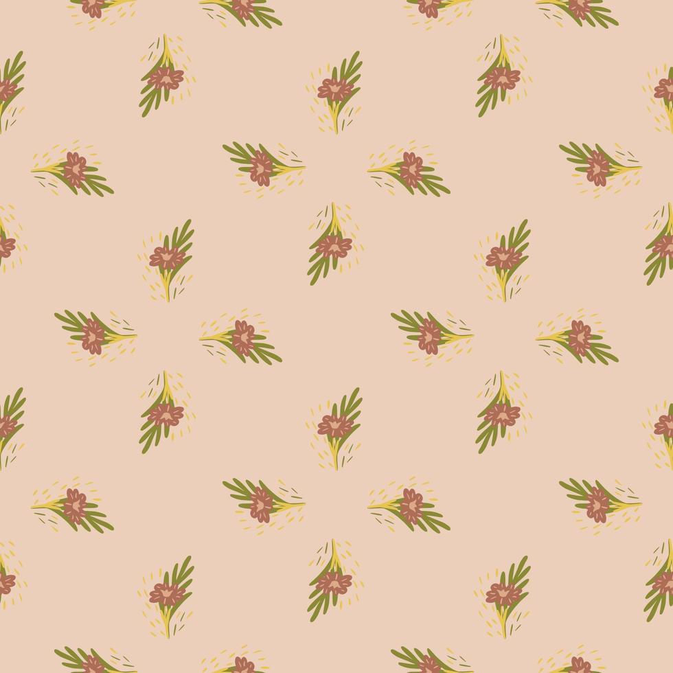 Seamless pattern with bouquets of small flowers on pastel pink background. Vector floral template in doodle style. Gentle summer botanical texture.
