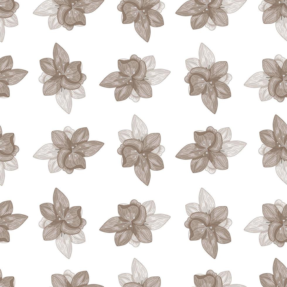 Isolated botanic seamless pattern with pale flowers orchid silhouettes. White background. vector