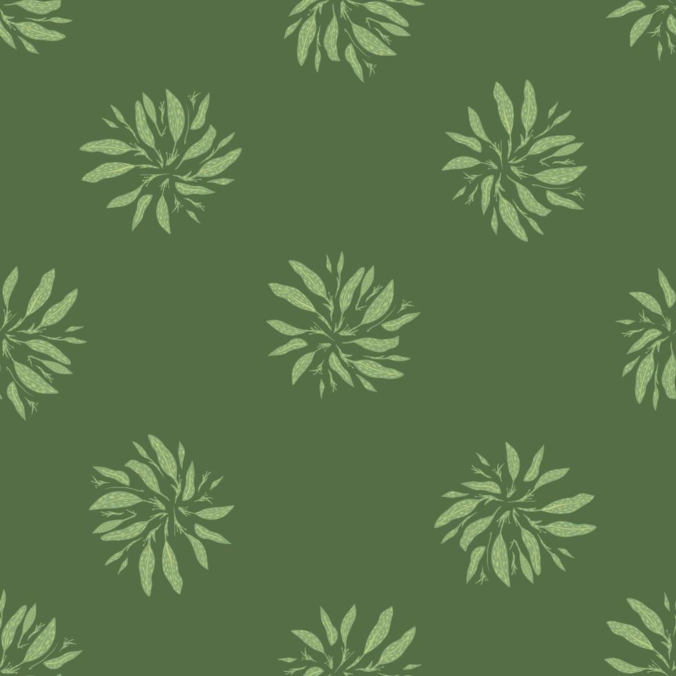Hand drawn seamless forest pattern with leaves bouquet print. Green olive background. Simple design. vector