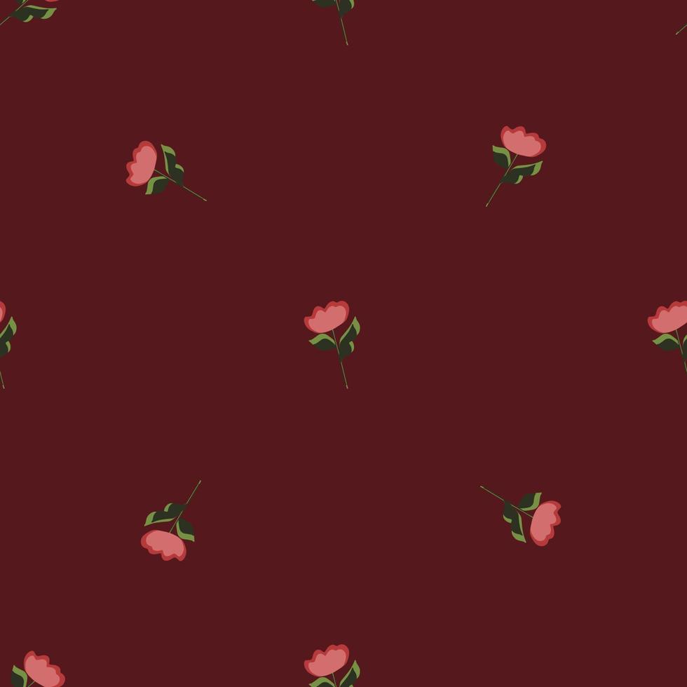 Seamless pattern in minimalistic style with flowers silhouettes print. Maroon-red background. vector