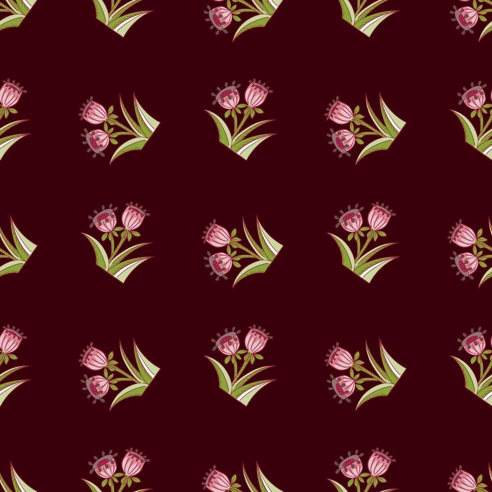 flores de campana de color rosa y verde formas patrón de garabato sin costuras. fondo granate oscuro. telón de fondo de la naturaleza. vector
