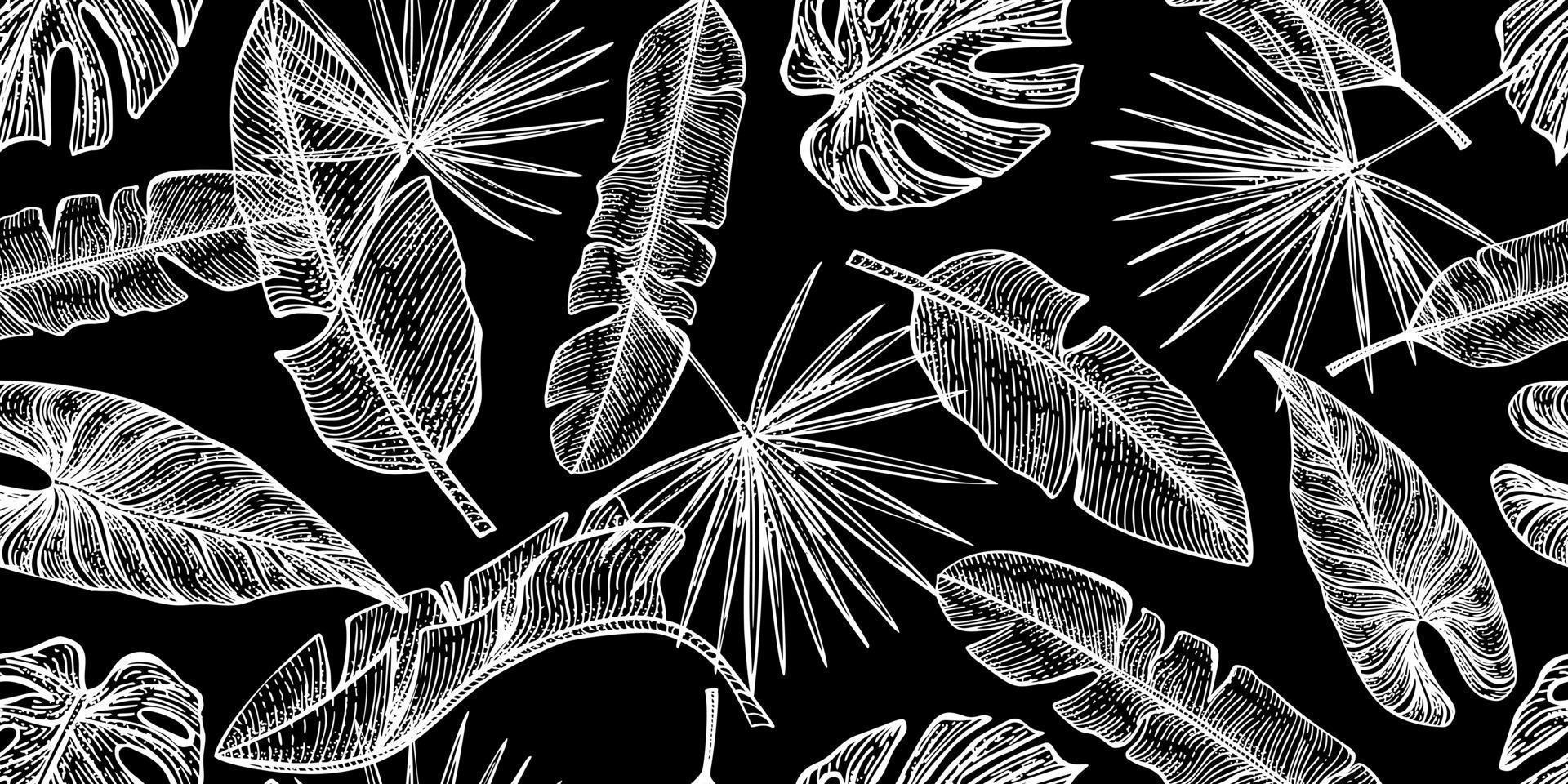 patrón sin costuras de hojas tropicales grabadas. textura botánica en estilo dibujado a mano. fondo negro de la selva tropical. vector