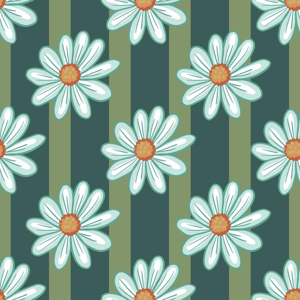 Natural seamless pattern with doodle blue daisy flowers ornament. Green striped background. Nature print. vector